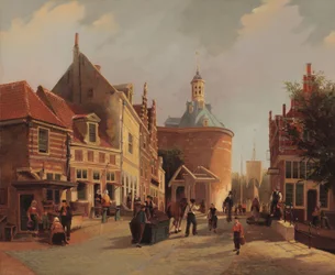 En utsikt över Zuiderspui med Drommedaris i staden Enkhuizen